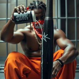 A close-up shot of a muscular African American gang member sitting in a prison cell