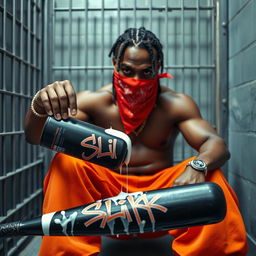 A close-up shot of a muscular African American gang member sitting in a prison cell