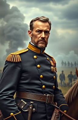 A majestic portrait of a Civil War general in full uniform, standing confidently with a sword at his side