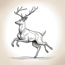 A simple yet well-proportioned sketch of a male deer with large antlers galloping or jumping, captured with defining contours