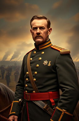 A majestic portrait of a Civil War general in full uniform, standing confidently with a sword at his side
