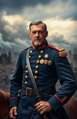 A majestic portrait of a Civil War general in full uniform, standing confidently with a sword at his side