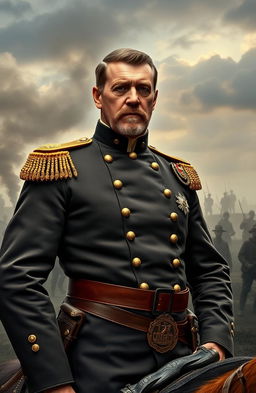 A majestic portrait of a Civil War general in full uniform, standing confidently with a sword at his side