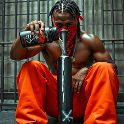 A close-up of a muscular African American gang member sitting in a prison cell