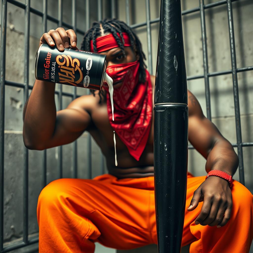 A close-up of a muscular African American gang member sitting in a prison cell