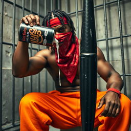 A close-up of a muscular African American gang member sitting in a prison cell