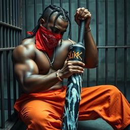 A close-up of a muscular African American gang member sitting in a prison cell