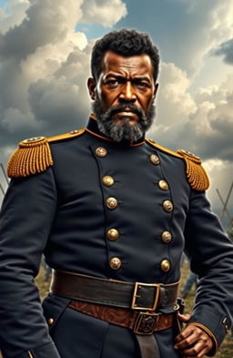 A confident and commanding African American general from the Civil War era, dressed in a detailed military uniform with ornate buttons and epaulets, standing tall on a battlefield