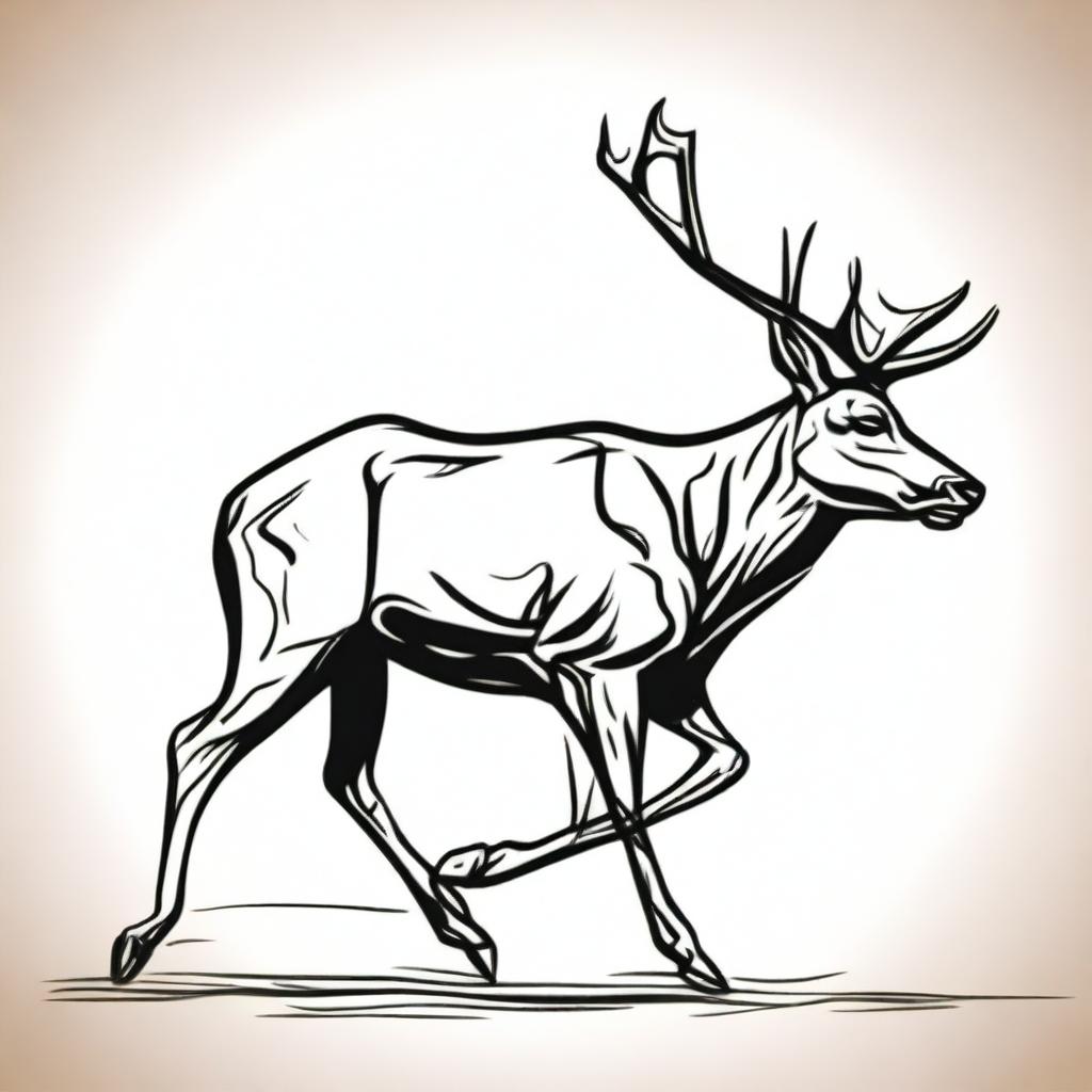 A simple yet well-proportioned sketch of a male deer with large antlers galloping or jumping, captured with defining contours