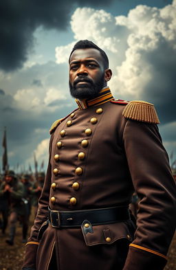 A confident and commanding African American general from the Civil War era, dressed in a detailed military uniform with ornate buttons and epaulets, standing tall on a battlefield