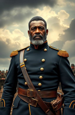 A confident and commanding African American general from the Civil War era, dressed in a detailed military uniform with ornate buttons and epaulets, standing tall on a battlefield