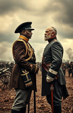 A dramatic historical scene depicting two Civil War generals standing face to face