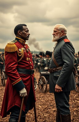 A dramatic historical scene depicting two Civil War generals standing face to face