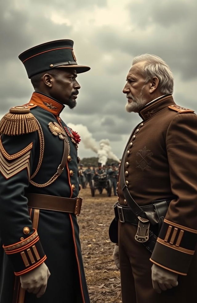 A dramatic historical scene depicting two Civil War generals standing face to face