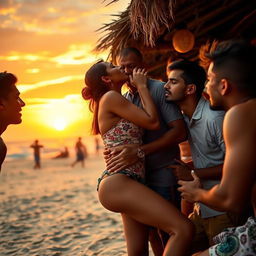 A vibrant sunset setting at a beach shack in Goa, showcasing a 19-year-old Indian girl, embodying cuteness and sensuality, fully immersed in intimate moments with multiple men