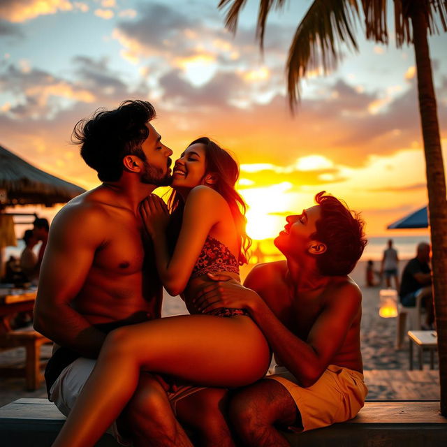 A vibrant sunset setting at a beach shack in Goa, showcasing a 19-year-old Indian girl, embodying cuteness and sensuality, fully immersed in intimate moments with multiple men