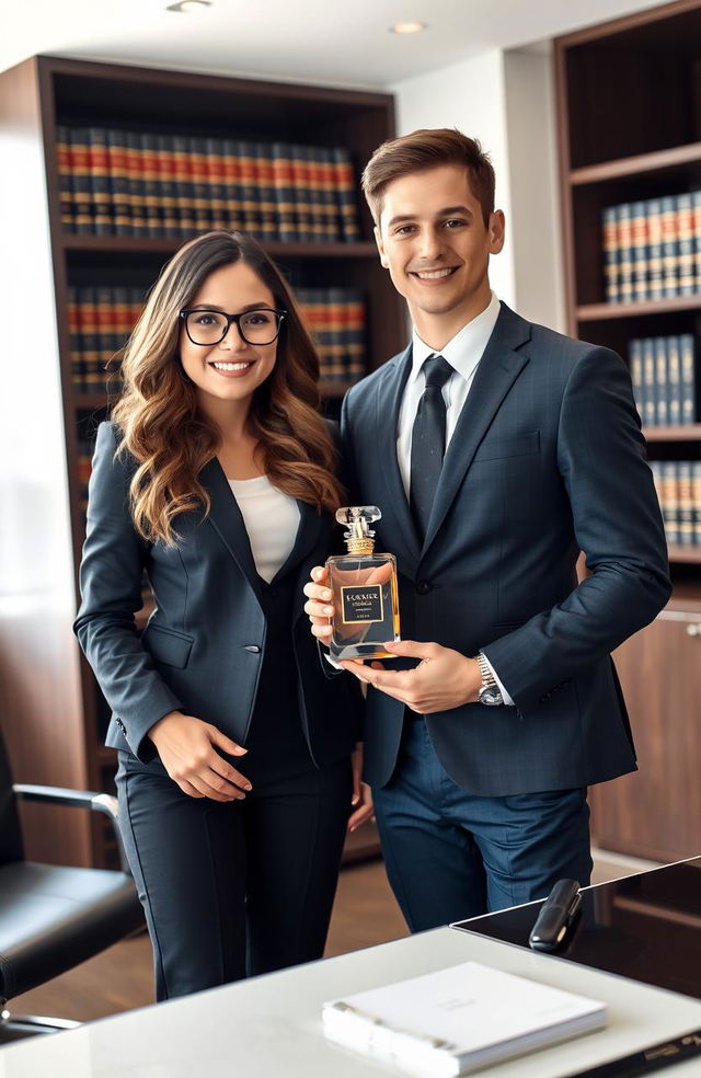 A young professional woman dressed in a stylish lawyer's suit, exuding confidence and intelligence, standing beside a young man who is holding a decorative perfume bottle