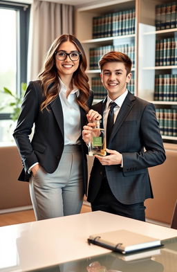 A young professional woman dressed in a stylish lawyer's suit, exuding confidence and intelligence, standing beside a young man who is holding a decorative perfume bottle