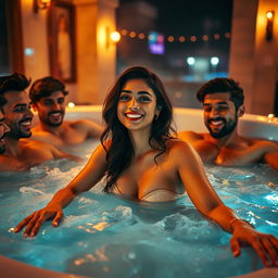An alluring scene set in a luxurious jacuzzi featuring a cute 18-year-old girl inspired by Indian actress Ileana, surrounded by a fun and playful atmosphere