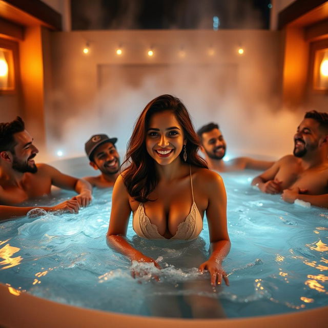 An alluring scene set in a luxurious jacuzzi featuring a cute 18-year-old girl inspired by Indian actress Ileana, surrounded by a fun and playful atmosphere