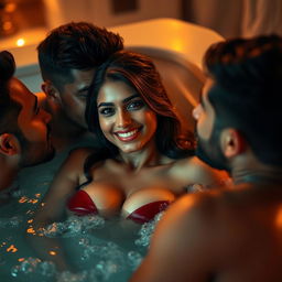 A sensual and intimate scene featuring a beautiful Indian actress with a radiant smile, radiating youthful charm and allure while lying in a luxurious jacuzzi