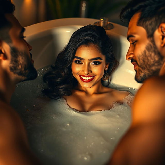 A sensual and intimate scene featuring a beautiful Indian actress with a radiant smile, radiating youthful charm and allure while lying in a luxurious jacuzzi