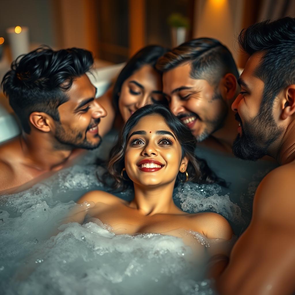 A sensual and intimate scene featuring a beautiful Indian actress with a radiant smile, radiating youthful charm and allure while lying in a luxurious jacuzzi