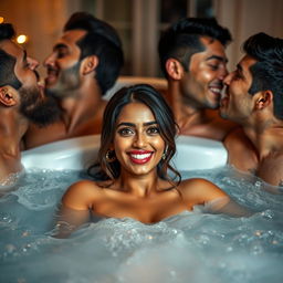 A sensual and intimate scene featuring a beautiful Indian actress with a radiant smile, radiating youthful charm and allure while lying in a luxurious jacuzzi