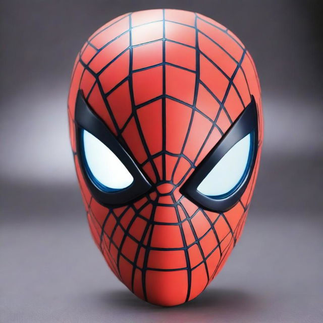 Create an image of a cutting-edge, robotic Spiderman mask, integrating advanced technology and intricate circuitry into its classic red and blue design, set against a technological backdrop