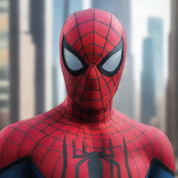 Generate an image of a futuristic Spiderman mask, incorporating advanced technology and sleek design elements into the classic webbed look, against a high-tech city backdrop