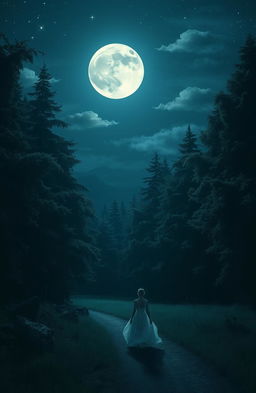 A serene and mystical night scene depicting a tranquil walk under a bright, full moon