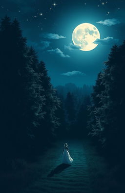 A serene and mystical night scene depicting a tranquil walk under a bright, full moon