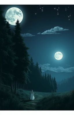 A serene and mystical night scene depicting a tranquil walk under a bright, full moon