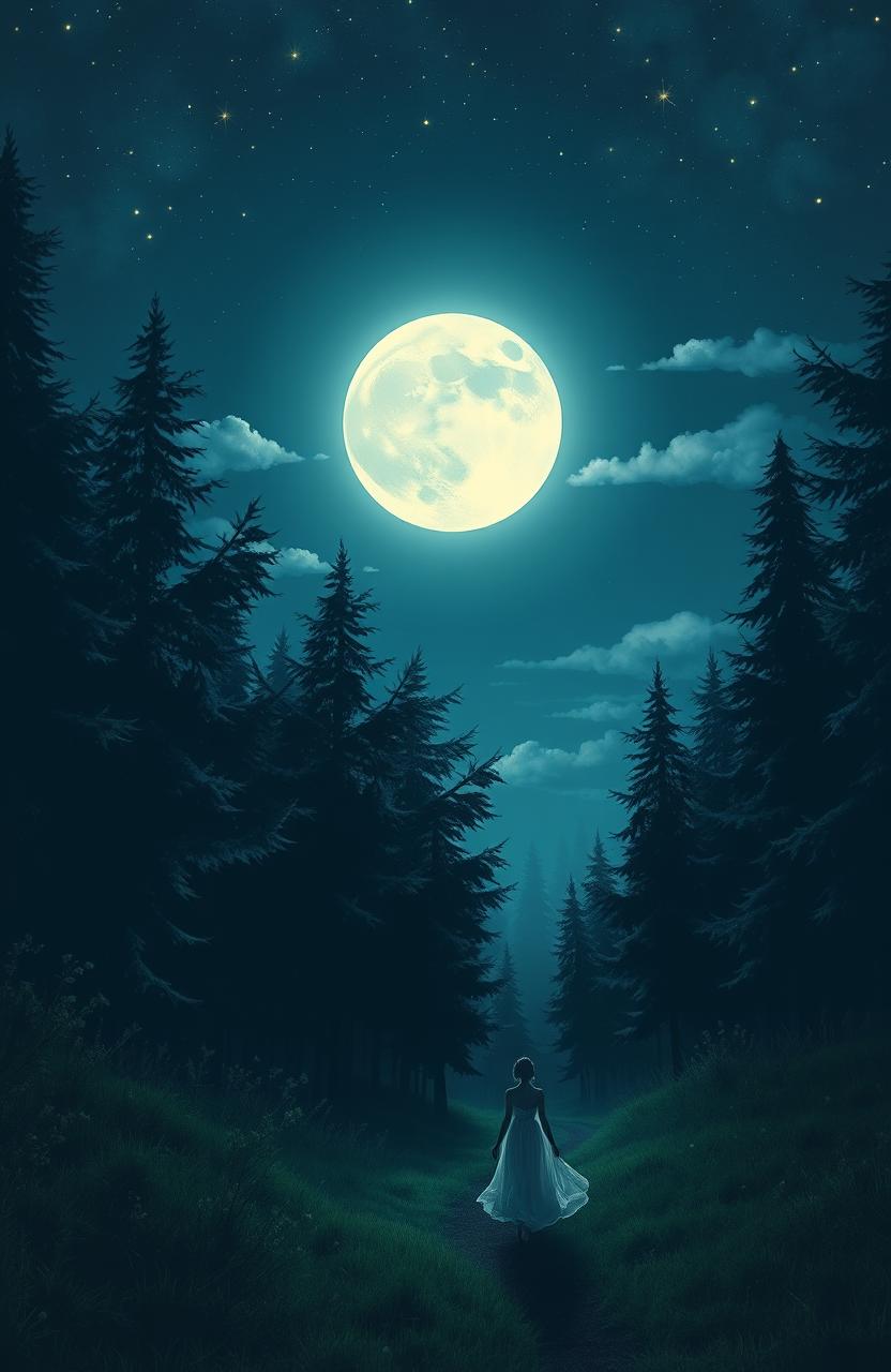 A serene and mystical night scene depicting a tranquil walk under a bright, full moon