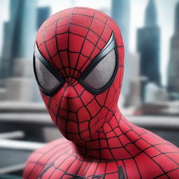 Generate an image of a futuristic Spiderman mask, incorporating advanced technology and sleek design elements into the classic webbed look, against a high-tech city backdrop