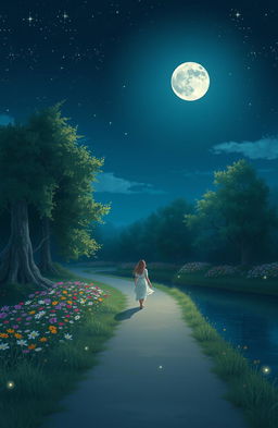 A peaceful night scene featuring a serene landscape bathed in soft moonlight
