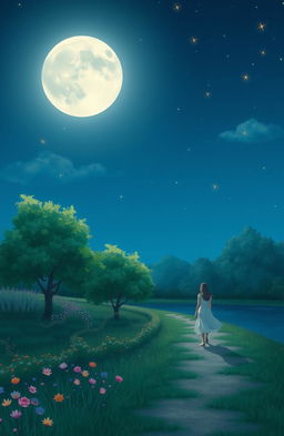 A peaceful night scene featuring a serene landscape bathed in soft moonlight