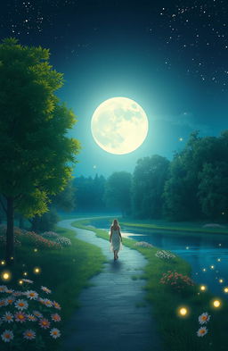 A peaceful night scene featuring a serene landscape bathed in soft moonlight