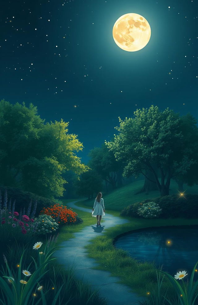 A peaceful night scene featuring a serene landscape bathed in soft moonlight