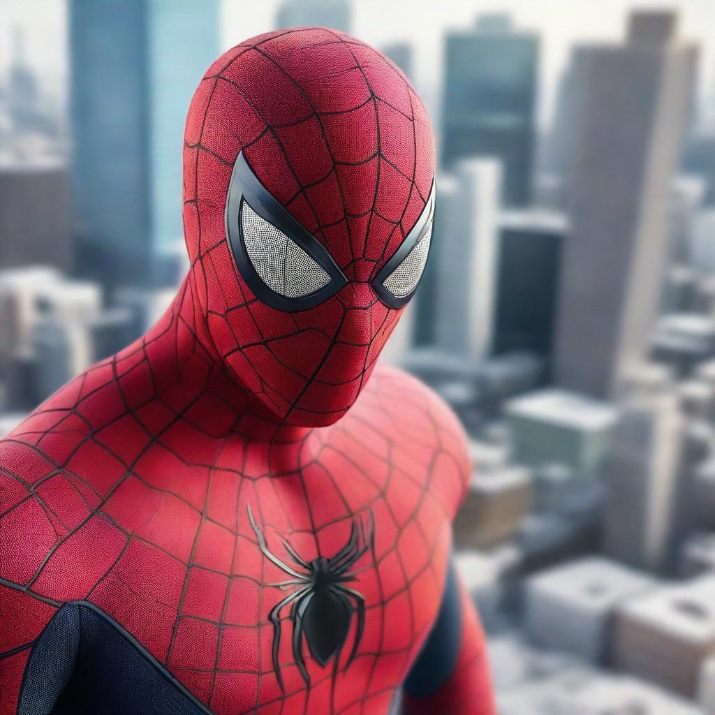 Generate an image of a futuristic Spiderman mask, incorporating advanced technology and sleek design elements into the classic webbed look, against a high-tech city backdrop