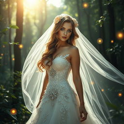 A captivating fantasy scene featuring a sexy bride in an enchanting forest setting