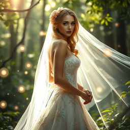A captivating fantasy scene featuring a sexy bride in an enchanting forest setting