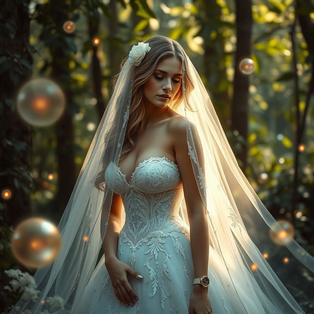 A captivating fantasy scene featuring a sexy bride in an enchanting forest setting