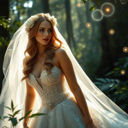 A captivating fantasy scene featuring a sexy bride in an enchanting forest setting