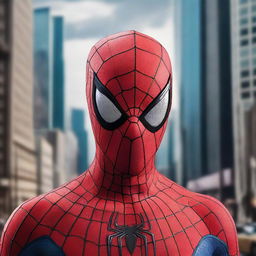 Generate an image of a futuristic Spiderman mask, incorporating advanced technology and sleek design elements into the classic webbed look, against a high-tech city backdrop