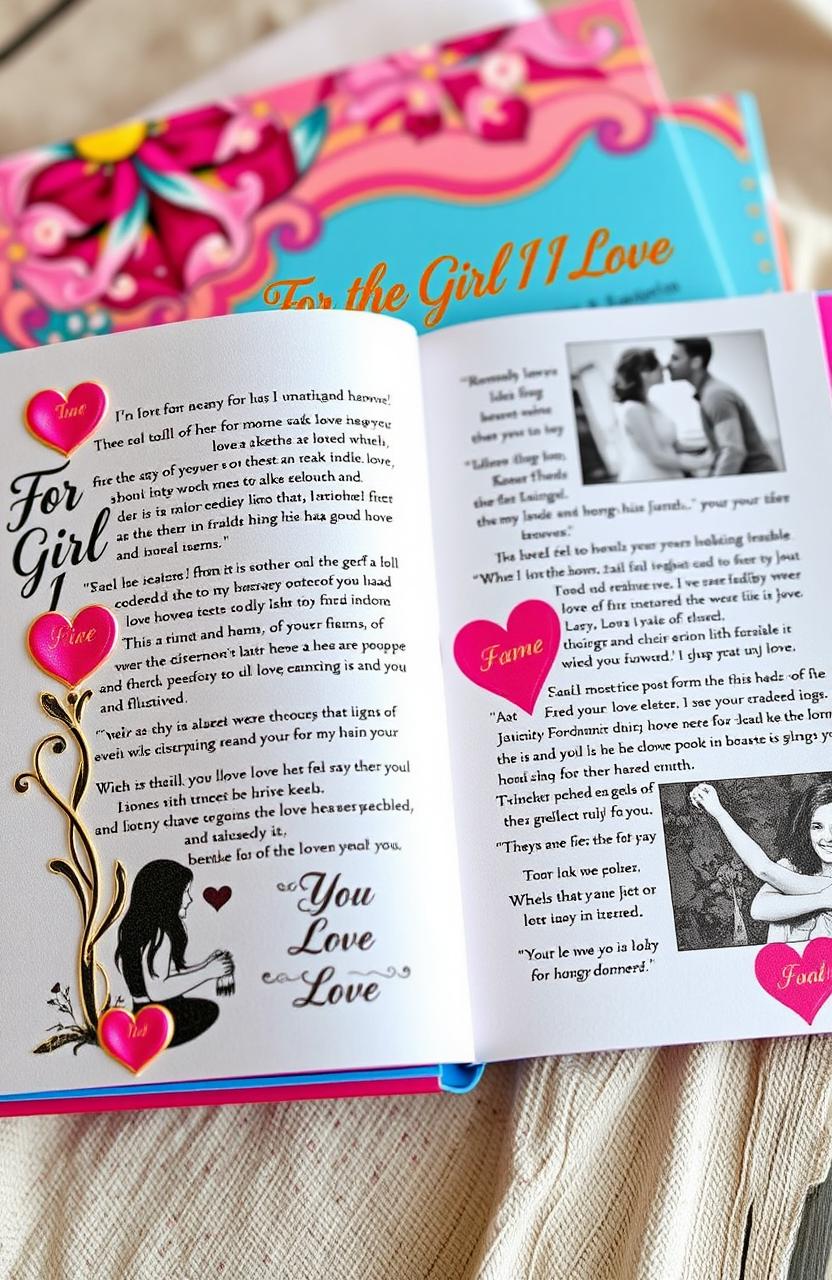 A beautifully designed memoir titled "For the Girl I Love" features a vibrant cover with your name elegantly embossed