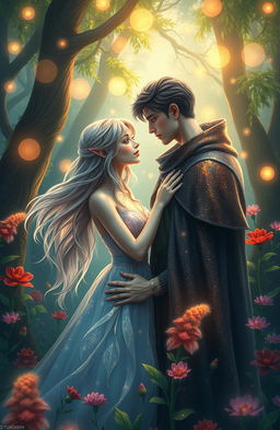 A mysterious fantasy scene depicting a romantic moment between two ethereal beings in a mystical forest