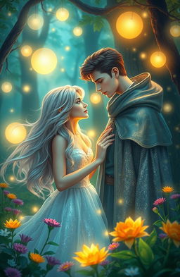 A mysterious fantasy scene depicting a romantic moment between two ethereal beings in a mystical forest
