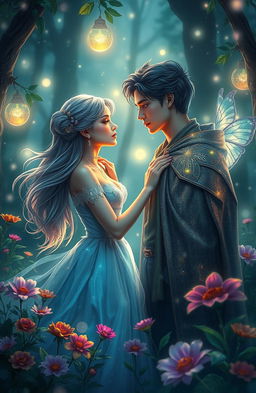 A mysterious fantasy scene depicting a romantic moment between two ethereal beings in a mystical forest