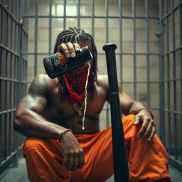 A close-up of a muscular African American gang member with cornrows sitting in a prison cell